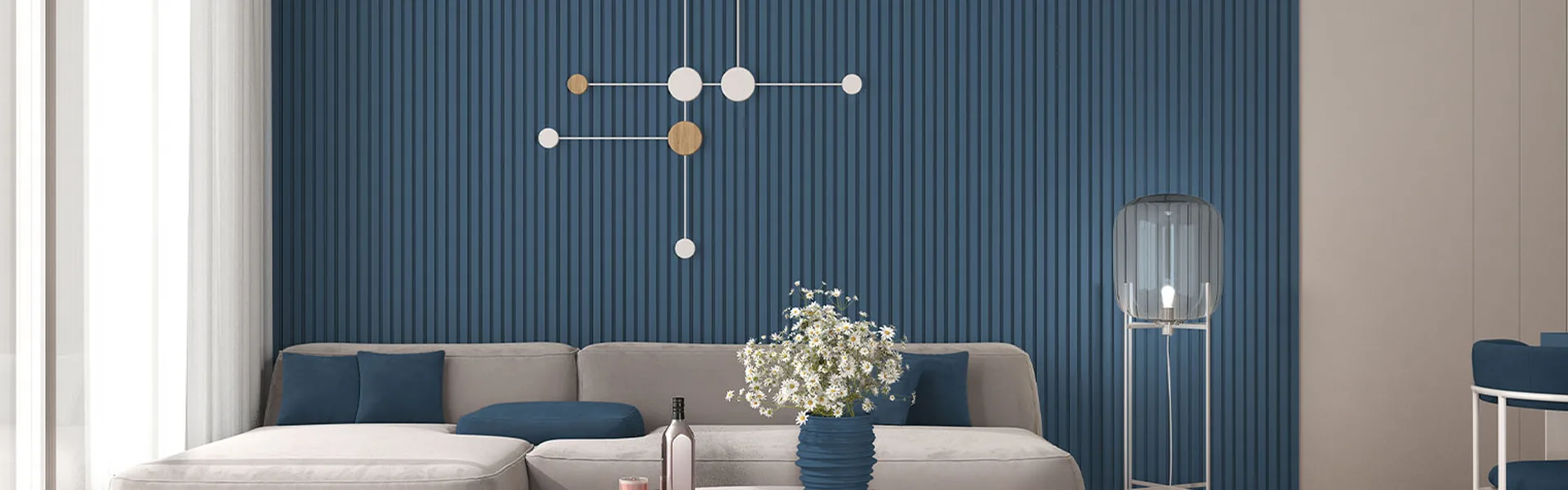 Living room in a MetroWest Massachusetts home with a painted slat feature wall and new trim