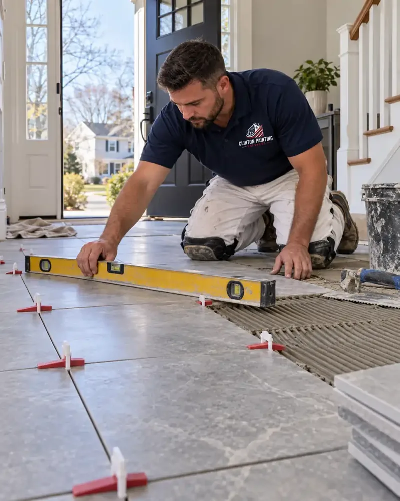 Large gray porcelain floor tiles being leveled with spacers in a Framingham MA entryway