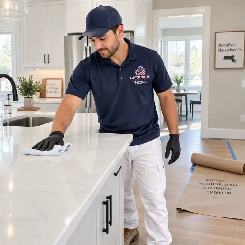 Cleaner wiping down quartz counters in a just finished kitchen in MetroWest MA