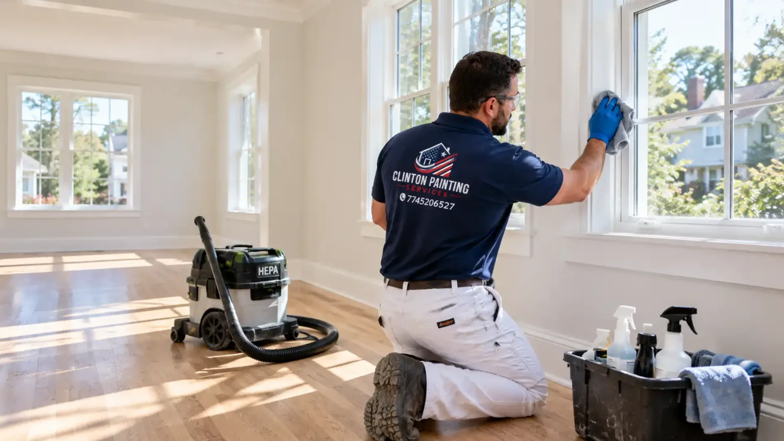 Cleaner wiping construction dust from the window trim of a newly renovated Newton MA living room, floors already vacuumed