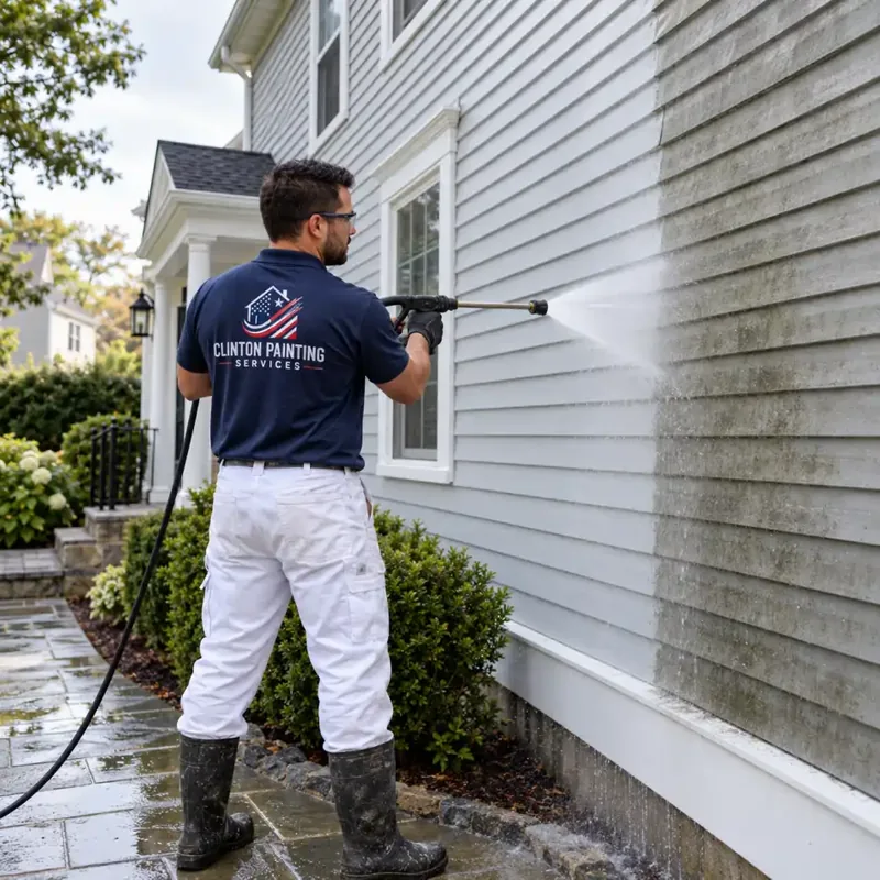 Power washing gray vinyl siding on a Newton MA home, half the wall already clean