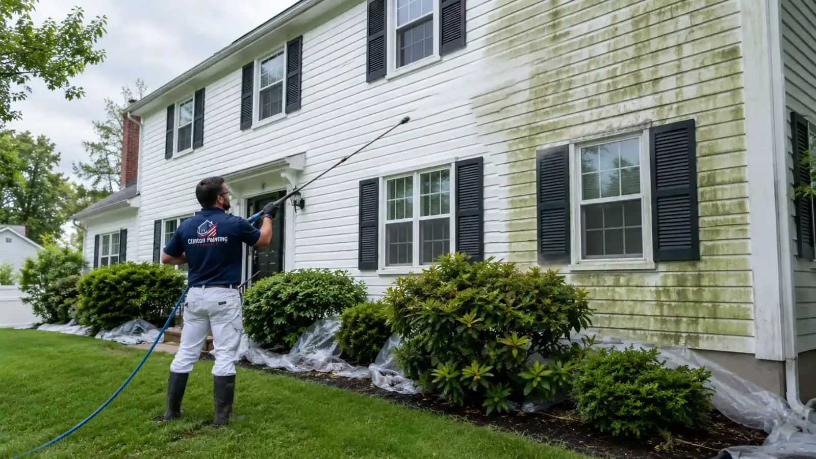 Technician soft washing the white siding of a MetroWest MA colonial, the washed half bright and the rest streaked green
