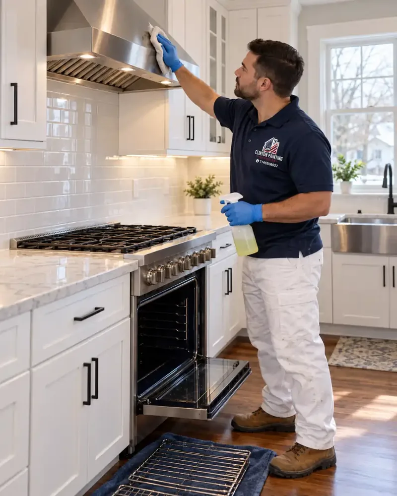 Kitchen in a Framingham MA home mid deep clean, oven door open and range hood being degreased