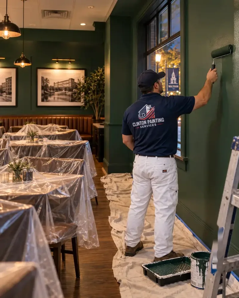 Restaurant dining room in Waltham MA with freshly painted deep green walls and the tables still under covers