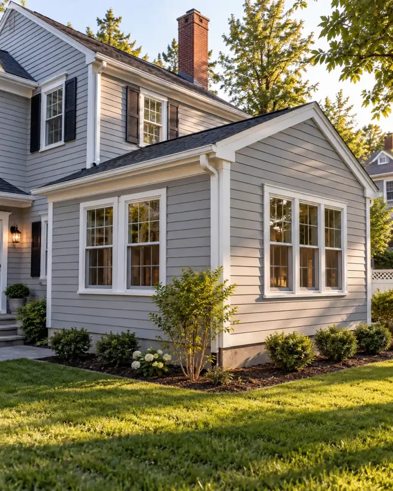 Completed room addition on the side of a Newton MA colonial, new siding and trim painted to match the house