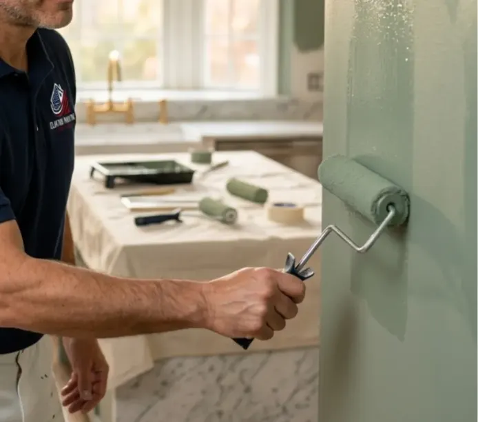 Painter in a navy Clinton Painting polo rolling sage green paint onto a kitchen wall