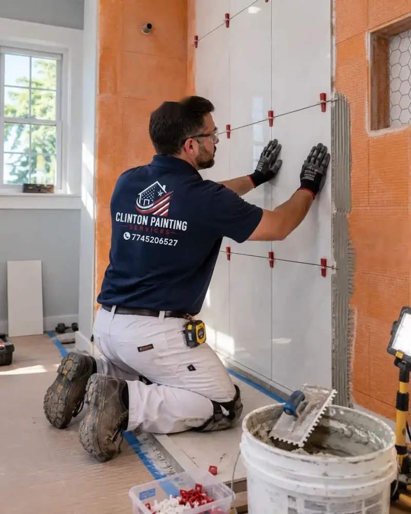 Tile setter pressing a porcelain wall tile onto the waterproofed wall of a Waltham MA shower