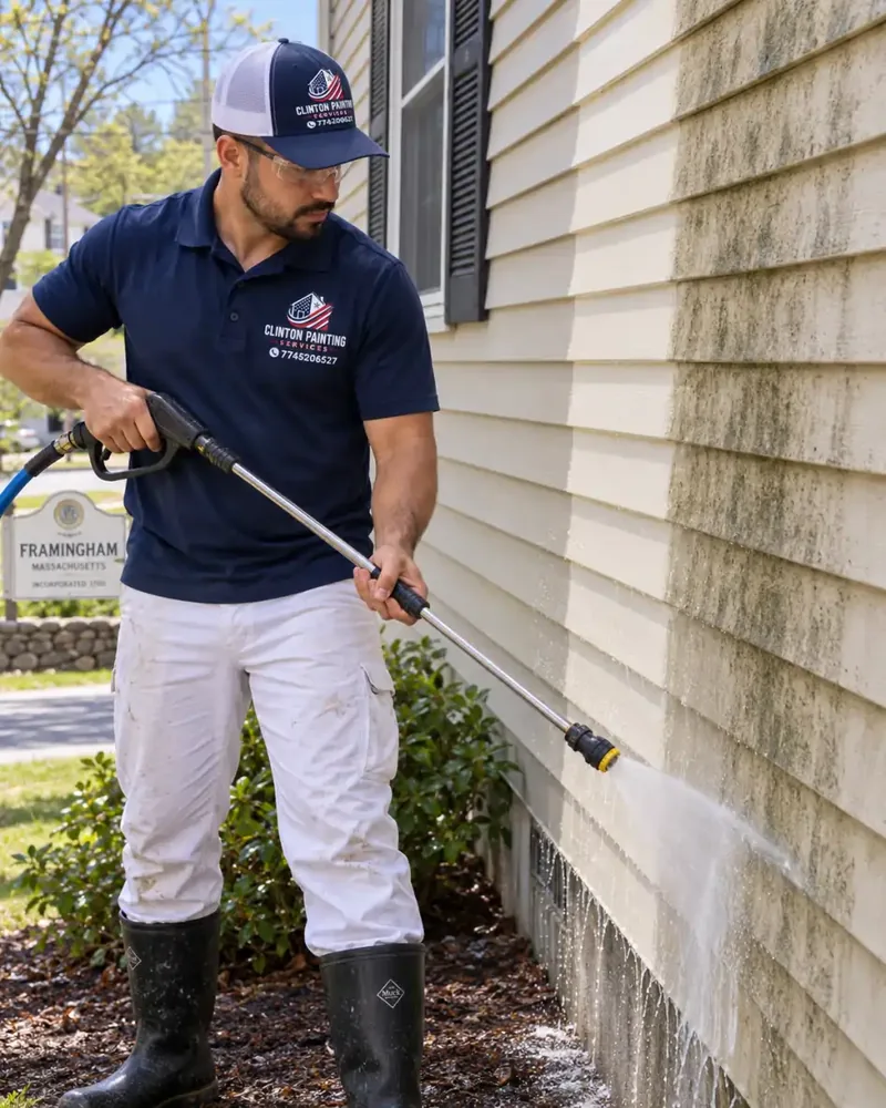 Low pressure wand rinsing mildew off beige vinyl siding on a Framingham MA home