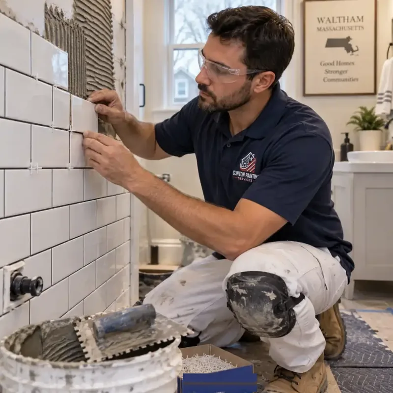 Tile installer setting white subway tile on a bathroom wall in Waltham MA