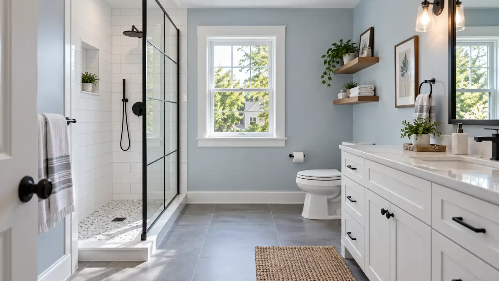Finished bathroom in Waltham MA with large porcelain floor tile, a tiled walk in shower and freshly painted walls