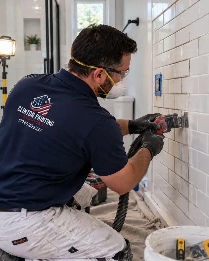Old grout being cut out of a white tiled bathroom wall in Waltham MA before regrouting