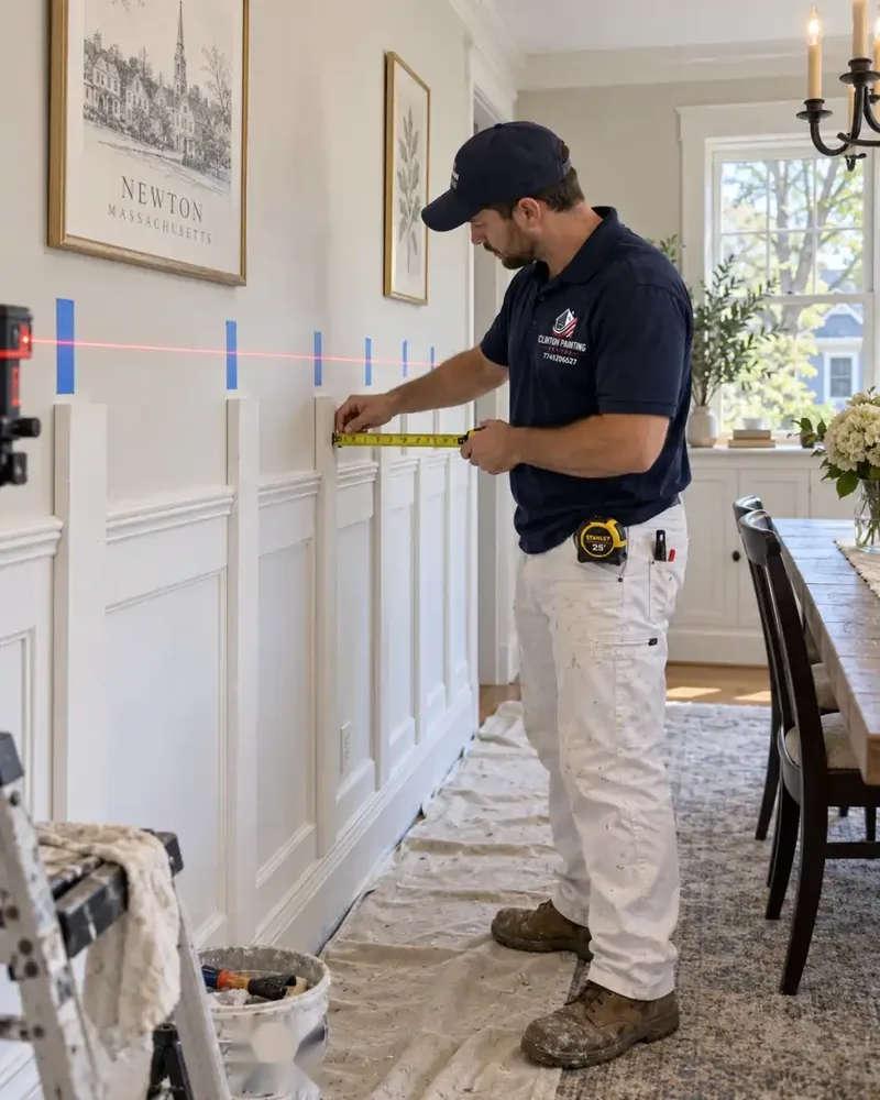 Board and batten wainscoting laid out and nailed on a dining room wall in Newton MA before painting